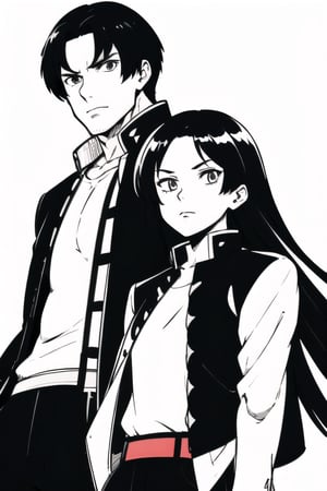 anime style SKETCH, black and white, ink drawing, a handsome man and a girl with long hair wearing a jacket, sketch, monochrome, OrochiKyo