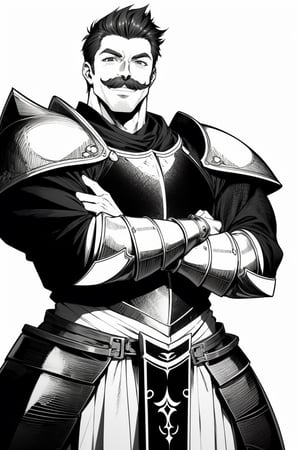 anime style, handsome male, short slick hair, very tall, muscular paladin, big moustache, smiling, big smile happy face, wearing armor, arms crossed, on arm on waist. monochrome, white background, medieval armor, monochrome