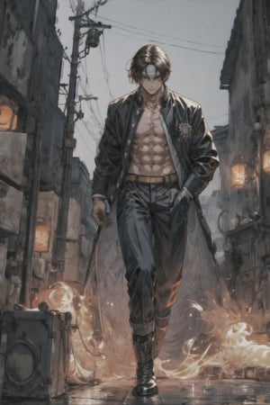 Anime style, Man, cinematic lighting, anime screencap, best quality,

Captured from below, the subject exudes punk attitude with every inch of his outfit. Naked torso with black pants. Big brown eyes. Bare tonned chest,fit body. Wearing white headband on forehead. Completing the look, his combat boots stomp defiantly, embodying the essence of punk rebellion from a unique view that captures his style from the ground up., OrochiKyo,midjourney