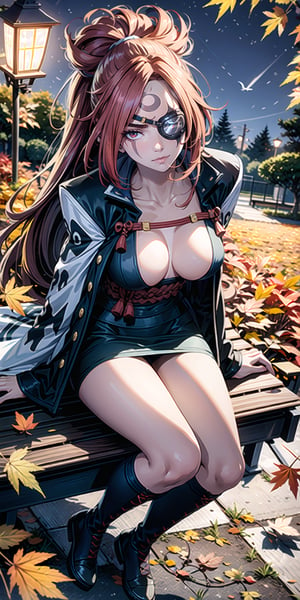 Tough girl, long red hair, seductive pose, eye patch one eye, (night:1.5), street, lantern, light from a lantern, it's dark around, park, sitting on bench, autumn, yellow leaves on the path, 4k, 8k, masterpiece, ultra quality, intricate details, detailed and complex background, (high angle view:1.5), High detailed , baiken