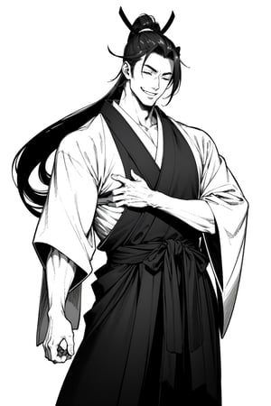 1male handsome samurai with high ponytail, almost closed eyes, smiling, wearing hakama, slim body, dark color clothes, monochrome, white background