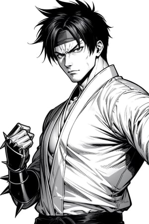 anime style, handsome martial artist male, short spiky hair, very tall, martial arts headband, dnd monk, angry face, wearing open shirt. fit body six pack, wearing iron gauntlet, monochrome, white background, monochrome, white background,chinkstyle,OrochiKyo