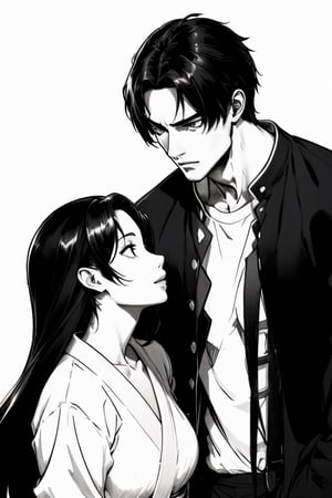 anime style, black and white, ink drawing, a handsome man and a girl with long hair, romantic scene, sketch, monochrome, OrochiKyo