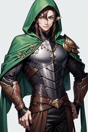 anime style, handsome male elf, brown long dark brown hair, very tall, green elven hood, neutral face, wearing leather shoulder armor in one shoulder, white background, tolkien elf,