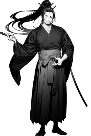 1male samurai with high ponytail, closed eyes, smiling, full body, wearing hakama, monochrome, white background