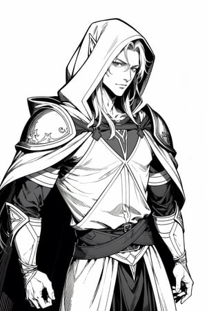 anime style, handsome male elf, long hair, very tall, elven hood, neutral face, wearing leather shoulder armor in one shoulder. monochrome, white background, tolkien elf, monochrome,monochrome