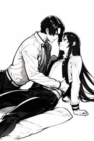 anime style, black and white, ink drawing, a handsome man and a girl with long hair, romantic scene, sketch, monochrome, OrochiKyo,OrochiKyo