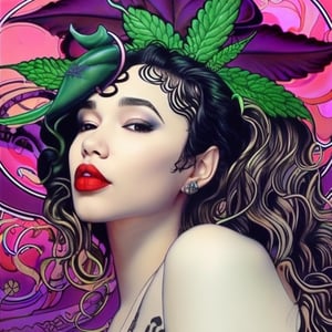 mehkadon , 88mm,album cover,curly hair,painting of a mehkadon with a lot of cannabis leaf in her hair, james jean and wlop, loish |, artgerm and james jean, james jean and peter mohrbacher, inspired by James Jean, by loish, benjamin lacombe, james jean andrei riabovitchev, james jean ”, james jean soft light 4k, james jean soft light 4 k