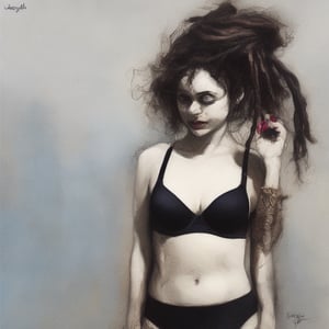 kayaises  artwork, detailed hair and white bra, long shot in the style of adrian ghenie, esao andrews, jenny saville, edward hopper, surrealism, dark art by james jean, takato yamamoto, inkpunk minimalism, realistic colors