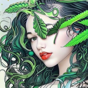 mehkadon , 88mm,album cover,curly hair,painting of a mehkadon with a lot of cannabis leaf in her hair, james jean and wlop, loish |, artgerm and james jean, james jean and peter mohrbacher, inspired by James Jean, by loish, benjamin lacombe, james jean andrei riabovitchev, james jean ”, james jean soft light 4k, james jean soft light 4 k