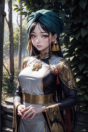 (Vietnamese woman:1.3), (Vietnamese female:1.4), (Mediterranean forest), (turban:1.4), (tribal clothing:1.3), high detail, best quality, sharp eyes, detailed eyes, 4k, semi realistic, high resolution, high quality,