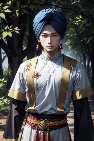 (Vietnamese man:1.3), (Vietnamese male:1.4), (Mediterranean forest), (turban:1.4), (tribal clothing:1.3), high detail, best quality, sharp eyes, detailed eyes, 4k, semi realistic, high resolution, high quality,