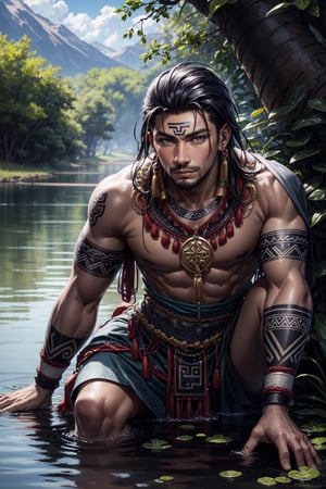 (Maori male:1.3), (Māori ethnic man:1.4), (swamp), buzz cut hair, (tribal clothing:1.3), high detail, best quality, sharp eyes, detailed eyes, 4k, semi realistic, high resolution, high quality,