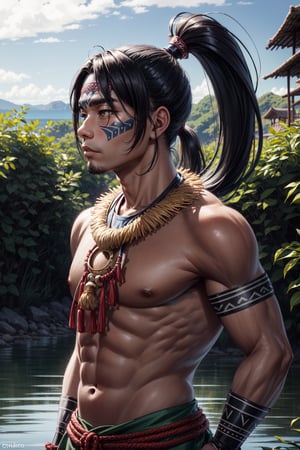 (Pacific Islander man:1.3), (Chamorro man:1.4), (swamp), (ponytail:1.4), (tribal clothing:1.3), high detail, best quality, sharp eyes, detailed eyes, 4k, semi realistic, high resolution, high quality,