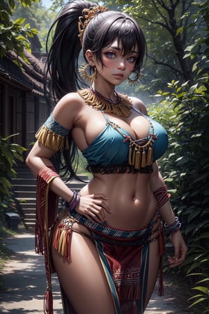 (Pacific Islander woman:1.3), (Chamorro woman:1.4), (georgia forest), (ponytail:1.4), (tribal clothing:1.3), high detail, best quality, sharp eyes, detailed eyes, 4k, semi realistic, high resolution, high quality,