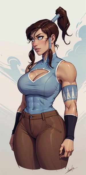 (korra), (dark skin), (dark-skinned female), (ponytail), (hair tubes), (sleeveless), (brown hair), (blue eyes), (bare shoulders), (Gigantic breasts), (gigantic cleavage), (brown pants), (baggy pants), (muscular woman), (ponytail), (gigantic breasts), (huge breasts), high detail, long legs, (Gigantic breasts), (Massive breasts), (muscular woman:1.2), huge breasts, high detail, long legs, (athletic woman), (very tiny waist:1.4), Beautiful detailed face, best quality, (layered hair), tiny waist, firm lips, full lips, thin waist, Big breasts, sanpaku eyes, high resolution, high quality, (bangs), (exposed shoulders), korra,korra