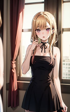 (masterpiece), best quality, high resolution, extremely detailed, detailed background, cinematic lighting, ((marin_kitagawa (my_dress_up_darling))), marin_kitagawa, breasts, ((high_res)), ((best_quality)), eyebrows visible through hair, fucsia eyes, long hair, looking at viewer, medium breasts, blonde hair, (choker_black), t shirt white, skirt small,