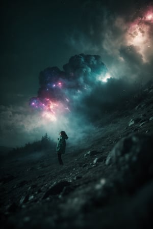 (close-shot photo:1.4) of a beatutiful woman wearing a down jacket on a open field, embers of memories, colorful, (photo-realisitc), nebula background, nebula theme,exposure blend, medium shot, bokeh, (hdr:1.4), high contrast, (cinematic, teal and green:0.85), (muted colors, dim colors, soothing tones:1.3), low saturation,fate/stay background,yofukashi background,1