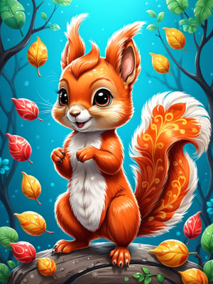 (full body) Kawaii squirrel in vibrant painting. Render this in an anime style, focusing on the squirrel's  fluffy tail, wide eyes and intricate patterns on its tail, looking at the camera