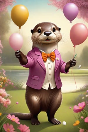 A cute female otter in clothes  playing ballons on a beautiful golfcouse with flowers, birds and wildlife

