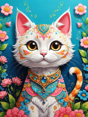 (half body) Kawaii Cat in vibrant painting. Render this in an anime style, focusing on the cat's cute, wide eyes and intricate patterns on its body, looking at the camera