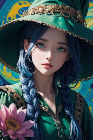 (((painting with a giant brush))) , shining eyes , twin_braid , blue hair , young girl, simple green witch's big hat and green robe, intricate details, 32k digital painting, hyperrealism, (vivid color,abstract background:1.3, colorful:1.3, flowers:1.2, zentangle:1.2, fractal art:1.1) , parted bangs, SUPER HIGH quality, in 8K , intricate detail, ultra-detailed,High detailed 