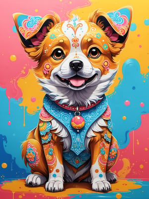 (full body) Kawaii Dog in vibrant painting. Render this in an anime style, focusing on the dog's cute, wide eyes and intricate patterns on its body, looking at the camera