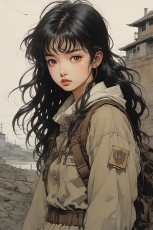 Drawing inspiration from modern masters like Yoshitaka Amano,Range Murata, Katsuya Terada, the artwork should encapsulate As unyielding rain turns into shimmering medals and handwritten
notes,
young girl is russian assasin holding knife find shelter in the trenches, their expressions a mix of resilience and nostalgia, wear clothes to stealth,
and their uniforms soaking with both water and memories.
while emphasizing elements of deep digital painting layers,LinkGirl