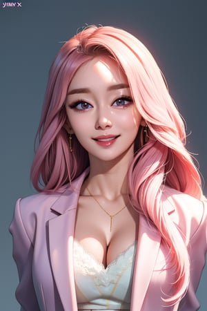 ,(masterpiece, best realsitic quality), (xxmix_girl:1.2), intricate details, mature female, Light pink long hair, white skin, light purple eyes, sharp jawline, cropped jacket, messy hair, lips, upper body, upper body, smile, see through,sexually_suggestive,jiyeonlorashy, cleavage