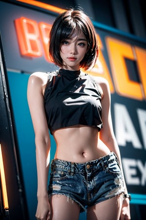 woman, short shorts, denim shorts, colorful, darl background,blue theme,exposure blend, medium shot, bokeh, (hdr:1.4), high contrast, (cinematic, teal and orange:0.85), (muted colors, dim colors, soothing tones:1.3), low saturation,asian girl,1 girl,eunjung, nsfw, neon lights, smirk, crop_top