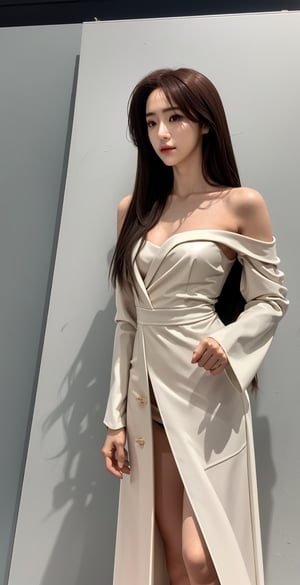 masterpiece, best quality, ultra high res, finely detailed face, perfect anatomy, lovely, child, loli, 1girl, girl focus, wide hips, highleg, bare legs, shiny skin, soft body, wuxia style, off_shoulder, side_slit, long asymmetric dress coat, latex_suit, (long_hair, brown hair, yellow_eyes, flat_chest, X hair ornament, eunjung,eunjung