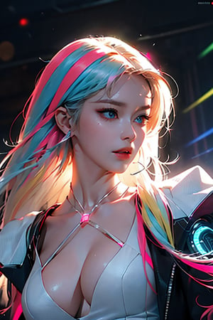 (((((((llustration ))))))),((((((masterpiece)))))),cinematiclighting,bloom,ray tracing,1girl,Rainbow hair,(((colorful))),float hair,  1girl,(white gradation hair),light pinklong hair,detailed cyberpunk city background,night,neon light,female focus on,mechanical arm,large breast, ((Masterpiece,best quality, beautifully painted,highly detailed)),blue eyes,intense angle,dramatic angle,dramatic  pose,  (hologram), ((circuitry)), ((translucent)), chromatic aberration,1 girl,jwy1,full-body_portrait,nsfw,jiyeonlorashy