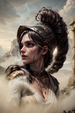 
"Generate an ominous and dark image featuring Athena, the Greek goddess of wisdom and warfare, shrouded in an eerie atmosphere. Illustrate her adorned with her war helmet and antique Greek armor, with her hair a dark, ominous black. Surround her with ancient ruins and desolate mountains, overtaken by nature and cast under a foreboding night sky. The scene should be under the cover of darkness, with occasional flashes of unsettling lightning illuminating the clouds, creating a sense of impending doom. Blend all elements seamlessly to ensure a perfect fit, incorporating a sinister mixture of textures and shadowy lighting that highlights Athena's imposing presence. Integrate dense, mysterious fog between the various elements, creating an unsettling and haunting effect. Position a dilapidated Greek temple on the left side, adding to the eerie background behind Athena. In the distance, include jagged, imposing mountain peaks that cast menacing silhouettes against the night sky, contributing to the overall menacing atmosphere of the landscape."keep athena whole without modifying her,