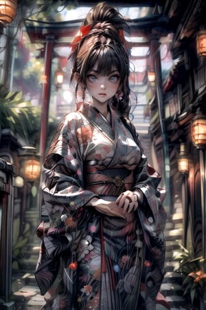 (8k,  ultra-best quality,  masterpiece: 1.2),  ultra-detailed, best shadow,  Unreal Engine 5,  (detailed background),  ((large breast)) ((large hips)), (pretty face),long black braided pony tail,A torii gate in background,katsuni,sexy gaisha, floral kimono,front view,dynamic pose, beautiful detailed glow, cowboy shot,opening kimono exposing her breast,