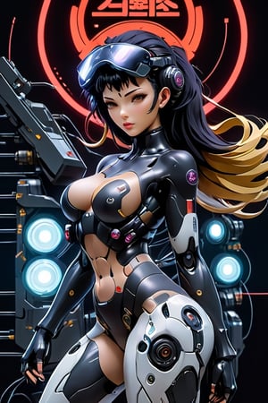 (Generate a visually compelling cybernetic gaisha woman inspired by 'Ghost in the Shell.' She embodies the perfect blend of human and machine, showcasing a sleek, cybernetically enhanced physique. The focus is on her advanced cybernetic limbs, intricately detailed and seamlessly integrated into her form. Design a futuristic visor or partial faceplate, enhancing her eyes or concealing parts of her face, in true cyberpunk fashion. Incorporate elements that signify her combat readiness and enhanced capabilities, such as subtle lighting effects or subtle hints at her cybernetic skeleton. The composition should exude a sense of both vulnerability and strength, capturing the essence of the cybernetic future while paying homage to 'Ghost in the Shell' aesthetics."