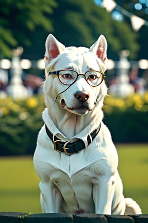 cinematic photo,  a portrait of a white dog with glasses in party animals style,  in a garden, 35mm photograph, film, bokeh, professional, 4k, highly detailed

