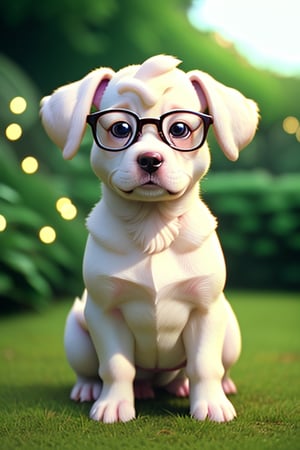 cinematic photo,  a portrait of a white adorable and chubby puppy dog with glasses in party animals style,  in a garden, 35mm photograph, film, bokeh, professional, 4k, highly detailed
,Turtwig_Pokemon,cryptids,eevee