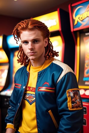 vintage 80s photo of a man, explorer type, with redhead Faux locs, Starter jacket, snap-button pants, Reebok Classics, (Video Game Arcade Tournament, Inside a competitive video game arcade, players gather for a high-stakes tournament of games like "Street Fighter" or "Mortal Kombat"), face in highlight, soft lighting, high quality, film grain, Fujifilm XT3 

