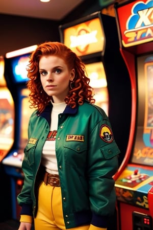 vintage 80s photo of a woman, explorer type, with redhead Faux locs, Starter jacket, snap-button pants, Reebok Classics, (Video Game Arcade Tournament, Inside a competitive video game arcade, players gather for a high-stakes tournament of games like "Street Fighter" or "Mortal Kombat"), face in highlight, soft lighting, high quality, film grain, Fujifilm XT3 
