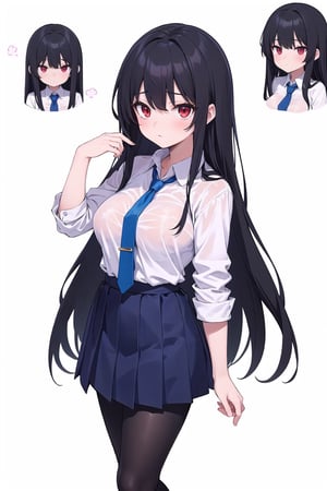 conceptual design, white background, 1girl, long hair, black hair, red eyes, elegant expression, tiny waist, big breasts, dark blue school uniform, blue tie, white shirt, black full leg leggings.