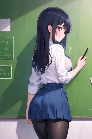 1girl, writing in board, chalk, long hair, black hair, red eyes, big breasts, tiny waist, wide hips, school uniform, dark blue uniform, blue tie, white shirt, dark blue skirt, full leg leggings, view from the back.