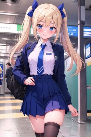 1girl, small, blonde, cute face, blushing, smiling, school uniform, dark blue uniform, blue tie, medium breasts, tiny waist, high black stockings, in a subway station, blue eyes, two ponytails, blue bows, dark blue sweater.