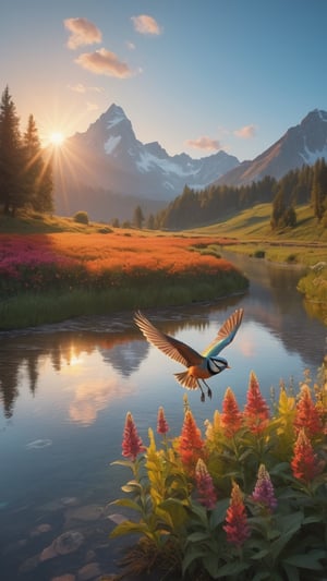 A majestic bird spreads its wings in a meadow full of wildflowers. Their feathers are a feast of color, with vibrant hues ranging from turquoise blue to bright orange. The sun illuminates its figure, highlighting the iridescent reflections in its plumage. The bird appears to be in mid-flight, with its gaze fixed on the horizon. The surrounding landscape is full of life, with leafy trees and a sky painted with warm sunset tones. The scene is a spectacle of natural beauty and serenity

Place the painting on a neutral wall, framed by carved wood moldings that complement the texture of the cubes.

{Type of Image: Cinematic Scene
Art Styles: Realism
Art Inspirations: Cinematic
Camera: Panoramic shot
Shot: Long shot
Render Related Information: HDR, high resolution, cinematic render
(RAW photo, best quality), (realistic, photo-Realistic:1.1), best quality, masterpiece, beautiful and aesthetic, 16K, (HDR:1.2), high contrast, (vibrant color:1.3), (muted colors, dim colors, soothing tones:0), cinematic lighting, ambient lighting, sidelighting, Exquisite details and textures, cinematic shot, Warm tone, (Bright and intense:1.1), wide shot, by xm887, ultra realistic illustration detailed intricately insanely detailed, octane render trending on artstation, 64 megapixels 8K resolution, back lit, bokeh, unreal engine, octane render, bokeh, vray, houdini render, quixel megascans, arnold render, 8k uhd, raytracing, cgi, lumen reflections, cgsociety, ultra realistic, 100mm , film photography, dslr, cinema4d, studio quality}