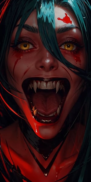 close up face of a vampire, open mouth with showing her long sharp thick fangs,mouth_open,blood dripping from fangs, bloody face, , eyes wide open shiny red with hints of green and yellow, hair slick back shiny blue and purple.,fangs, scary, spooky, feasting , guts and gore, fierce menacing