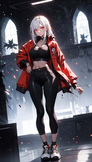 Beautiful white skin women, vampire, white hair, ((red eyes)), glowing eyes:1.5, large breasts, slim waist, thick thighs, red cropped jacket, black sports bra, jeans pants, sneakers, full-body_portrait, dark area, half-moon, castle in the distance 