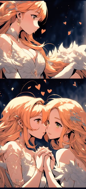 Two lady's, lovers, lesbians, holding hands, kissing each, vivid colors, ((four panel comic without text)),  