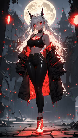 Beautiful white skin, women, vampire, white hair, ((red eyes)), ((glowing eyes:1.6)), large breasts, slim waist, thick thighs, red cropped jacket, black sports bra, jeans pants, sneakers, full-body_portrait, dark area, half-moon, castle in the distance 