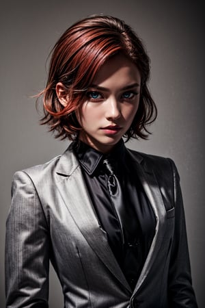 a 25 yo woman (bob hair cut) in (((tuxedo black suit)) in a party,,soft skin, flat breast, short red hair ,((redhead))), (hi-top fade:1.3), dark theme, soothing tones, muted colors, high contrast, (natural skin texture, hyperrealism, soft light, sharp), after sex,;looking sexy  (realistic: 1.2), (masterpiece, best quality, extremely detailed), (beautifully cute detailed face, beautifully detailed eyes, volumetric lighting), (Italian point of view: 1.0), (white-gray hair blue eyes: 1.4), | wild stylish undercut Bob | ,perfecteyes,in sexy tomboy suit((( tomboy dress))),kristinapimenova,Dreamlike_Diversions,allblacksuit