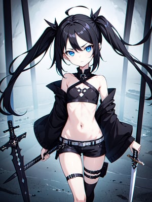 (masterpiece),  hyper quality,hyper details,1girl,solo, black hair,twintails,blue eyes,sullen, black crop top, shorts,boots,very thin,flat_chest,standing, holding sword, holding_weapon,