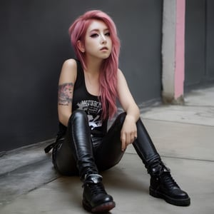 masterpiece, best quality, 1girl, best photography, low light, full body, pink hair,xxmix_girl, punk rock make up, black tank top, leather pants